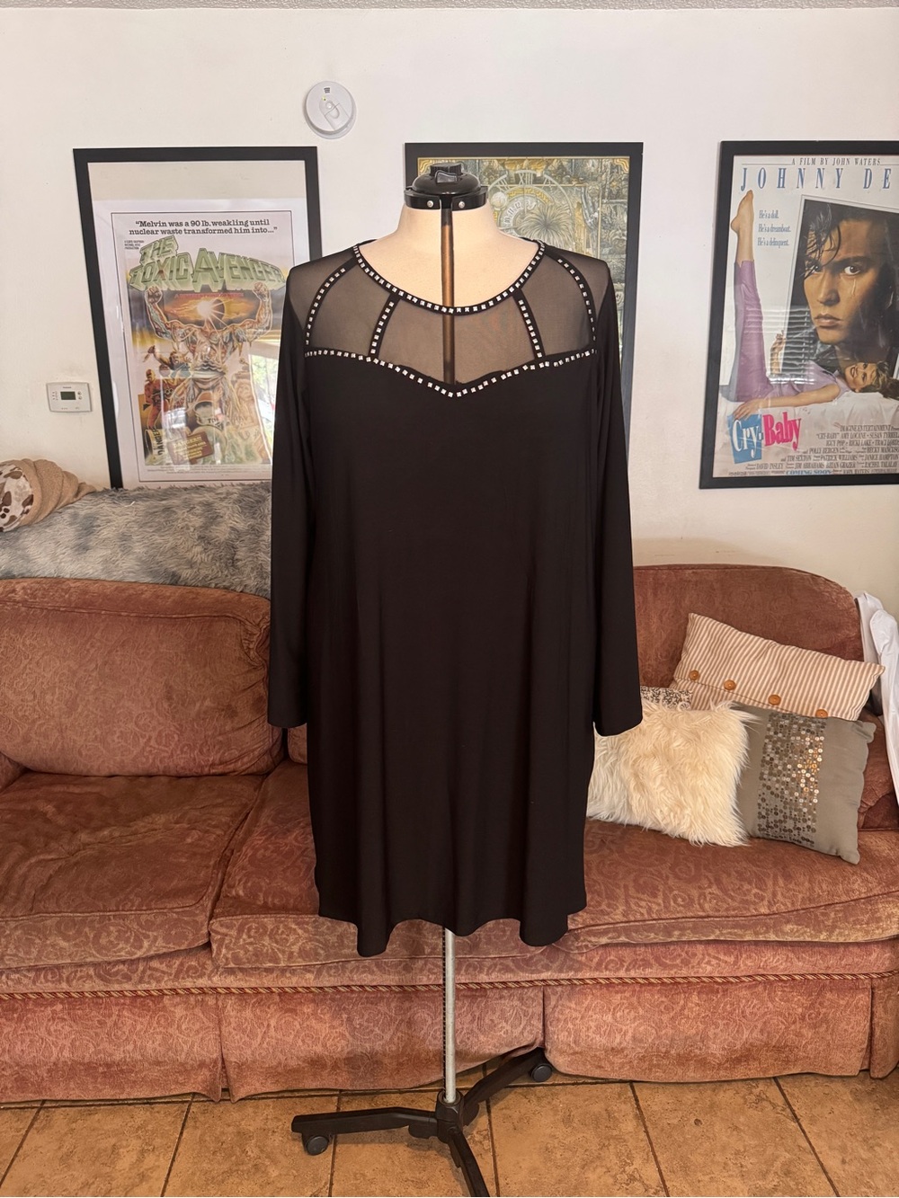 Plus Size Black Stud-Trim Long Sleeve Mesh Yoke Dress
